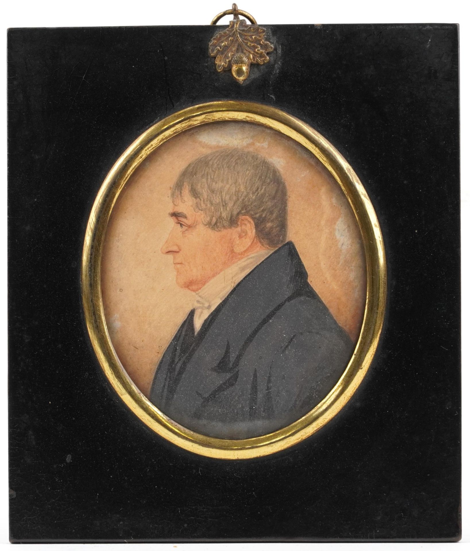 Pair of Georgian oval hand painted portrait miniatures of a male and female housed in ebonised - Image 8 of 10