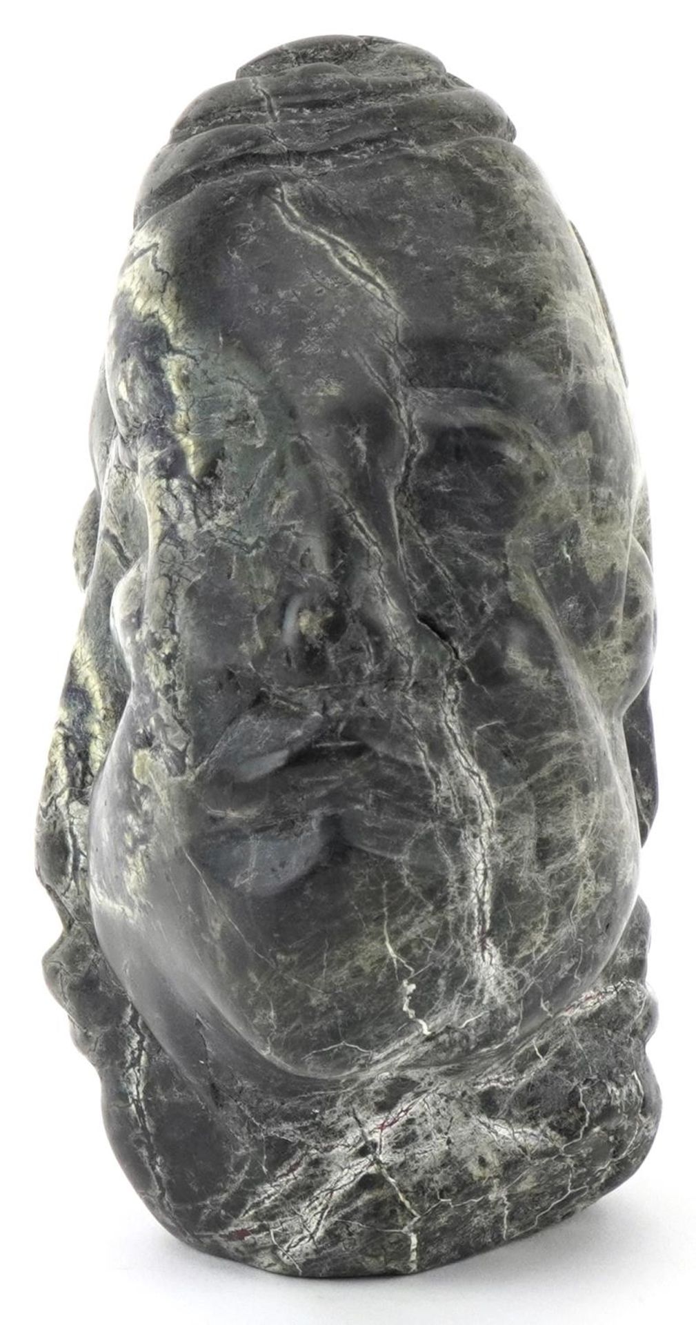 Large natural history and geology interest serpentine specimen carved with three faces, 20cm high - Image 4 of 5