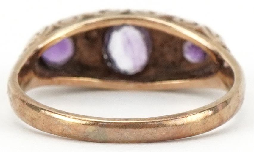 Victorian style 9ct gold amethyst and seed pearl ring with scrolled setting, size L, 2.4g - Image 2 of 4