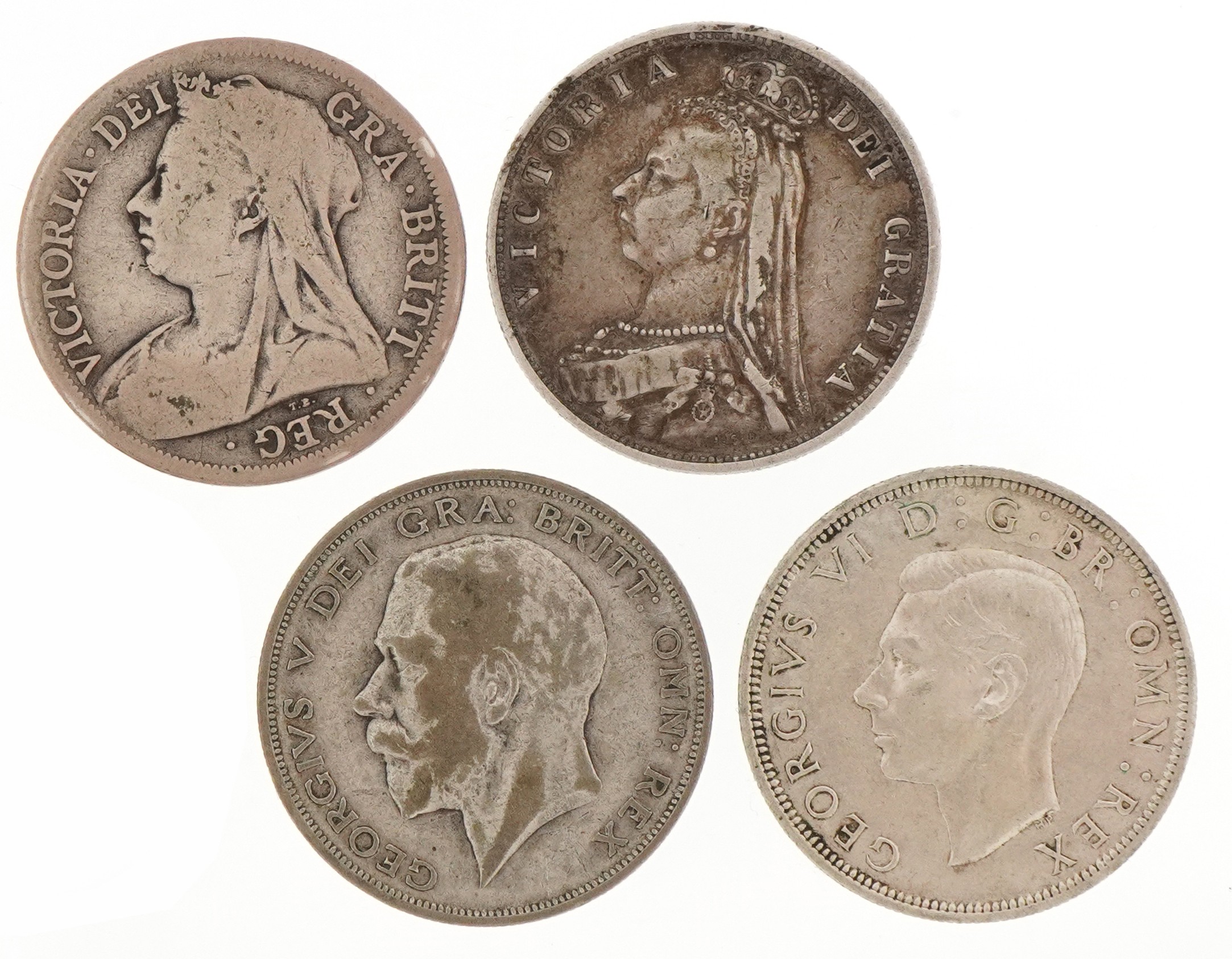 Queen Victoria half crowns dates 1887 and 1900, George V half crowns dates 1923 and 1924 and