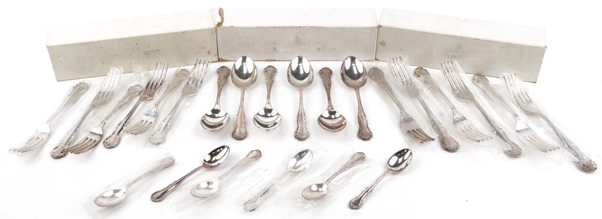 As new Mappin & Webb silver plated cutlery housed in three boxes including forks