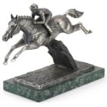 Horseracing interest David Cornell silver coloured metal sculpture on green marble base Grand