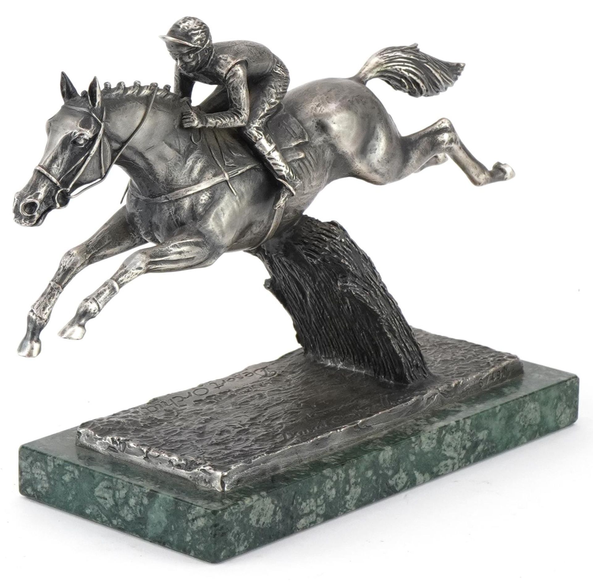Horseracing interest David Cornell silver coloured metal sculpture on green marble base Grand