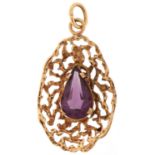 Unmarked gold naturalistic purple stone teardrop pendant, tests as 9ct gold, 3.2cm high, 3.3g