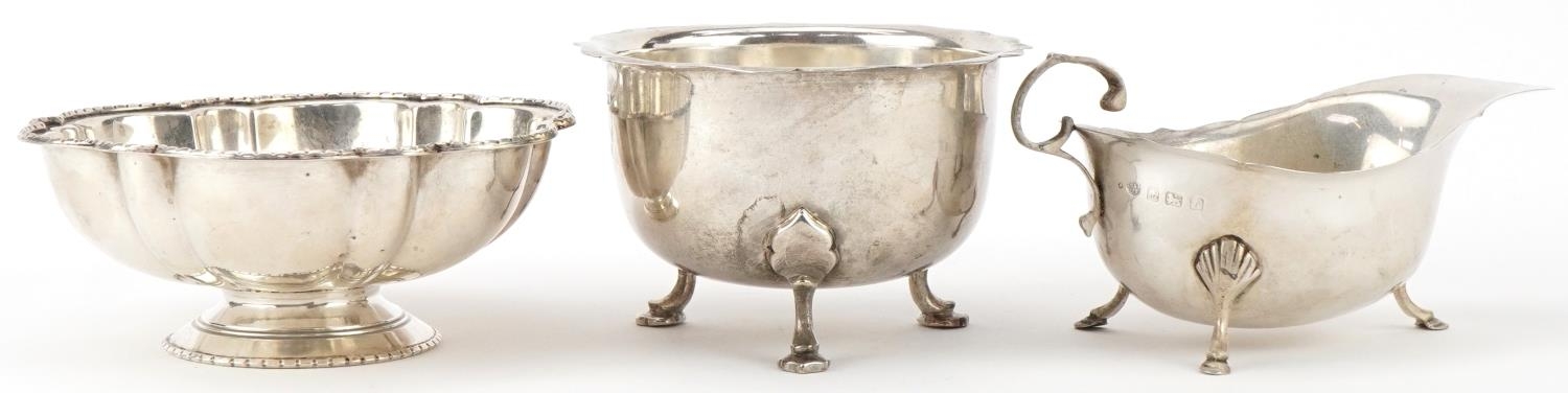 George V and later silver comprising bowl raised on three hoof feet, sauce boat raised on three hoof - Image 2 of 5