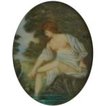 Oval Pre-Raphaelite style portrait miniature of a scantily dressed maiden, housed in an ornate brass