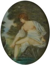 Oval Pre-Raphaelite style portrait miniature of a scantily dressed maiden, housed in an ornate brass