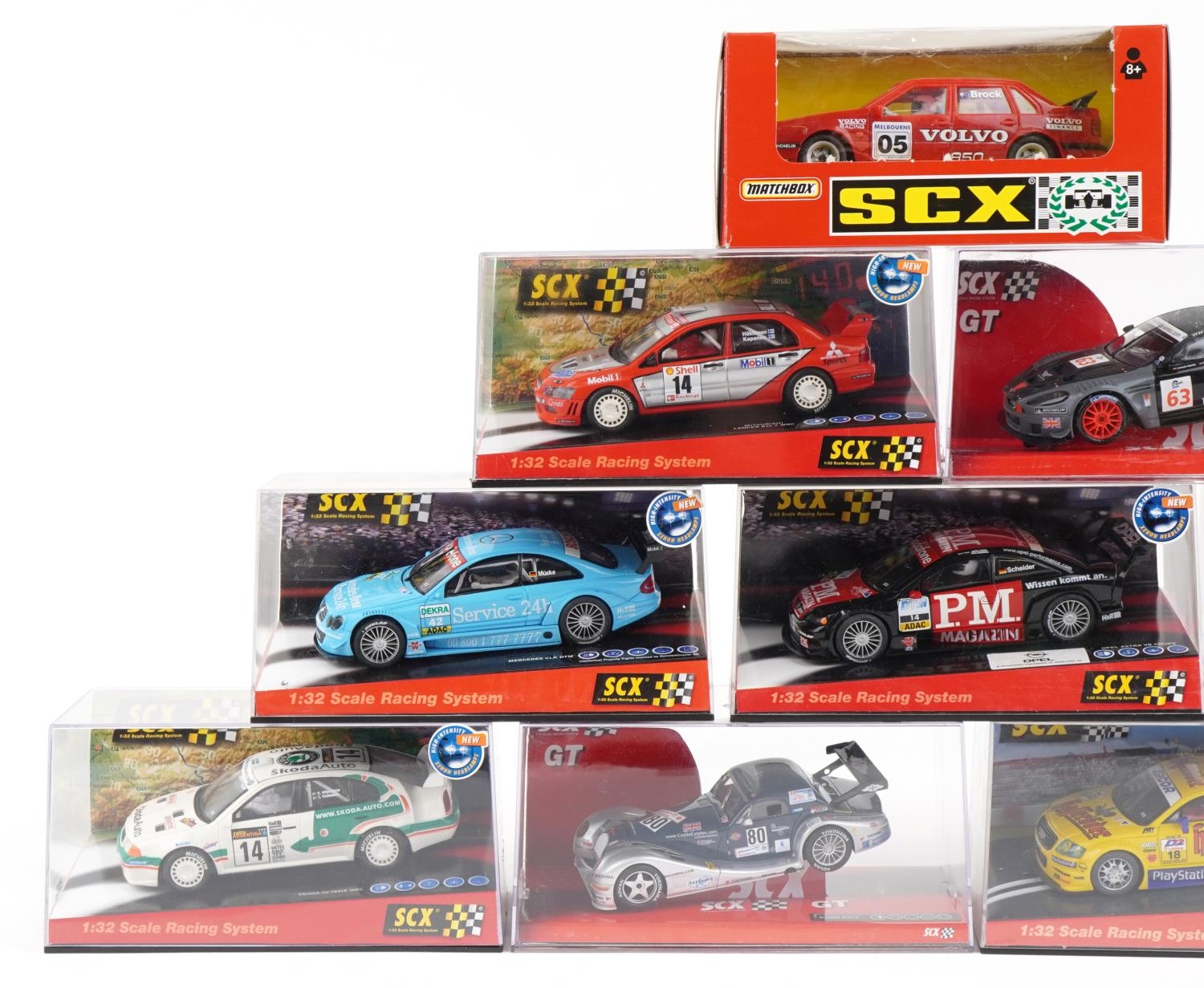 Ten Matchbox SCX 1:32 scale model slot cars with cases including Skoda Octavia WRC, Opel Astra V8 - Image 2 of 3