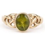 Celtic style 9ct gold green amethyst solitaire ring, size N, 3.0g