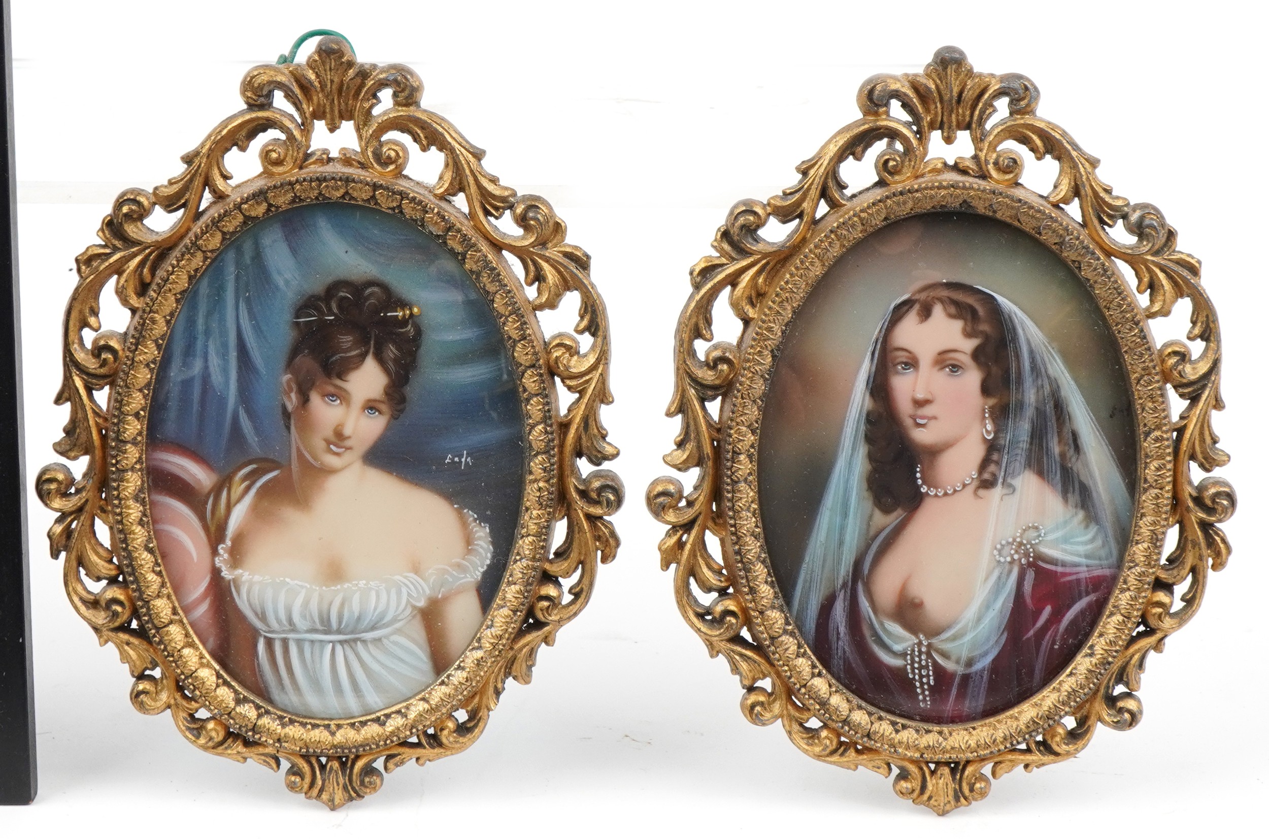 Four oval hand painted and hand coloured oval portrait miniatures including a pair housed in gilt - Image 3 of 6