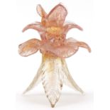 Murano copper aventurine glass three footed candleholder in the form of a flower head, 15cm high