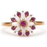 9ct gold ruby and opal flower head ring, size T, 2.8g