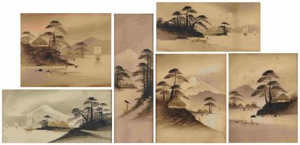 Mount Fujiyama six Japanese watercolours heightened in gilt, each framed and glazed, the largest