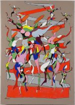 Harlequin dancers, surreal school on canvas, bearing an indistinct signature, unframed, 70.5cm x