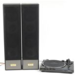 Pair of Danish Mega Sound speakers and a Technics automatic turntable system model SL-BD22D