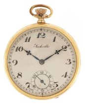 Sackville, Art Deco gold plated open face keyless pocket watch having silvered and subsidiary