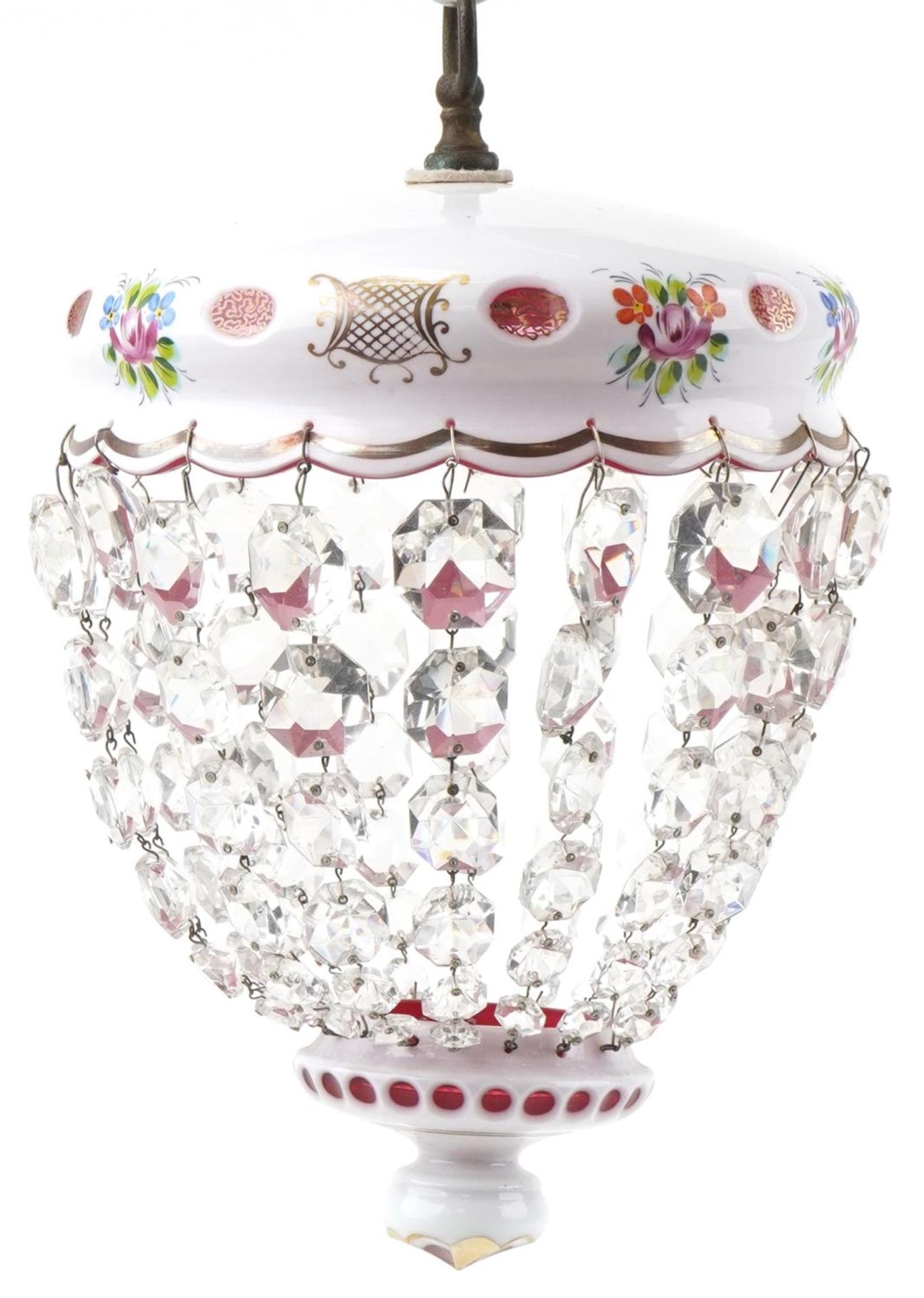 Attributed to Moser, Bohemian white overlaid cranberry glass hanging light pendant with cut glass - Image 3 of 6
