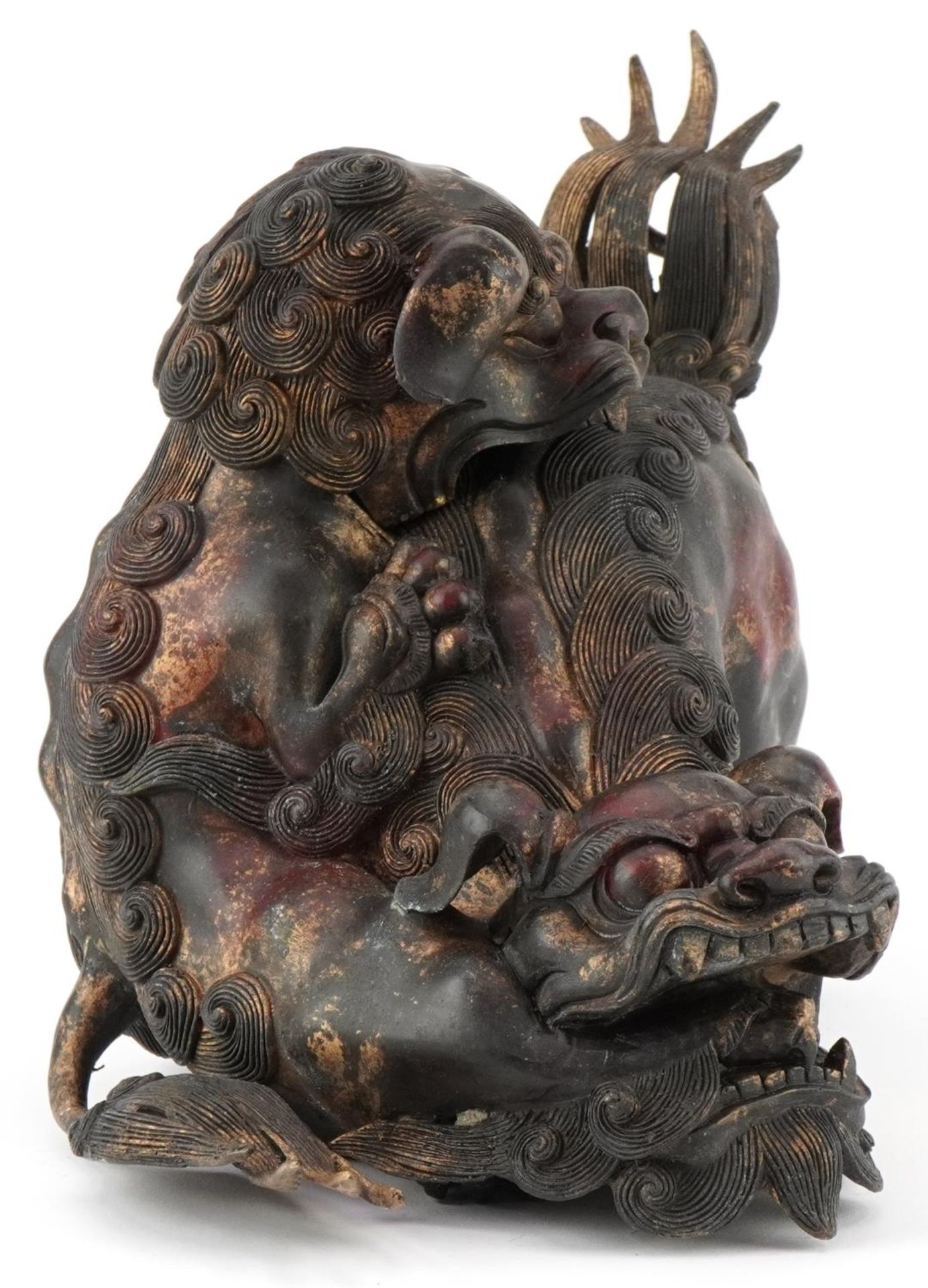 Chinese partially gilt bronze incense burner in the form of two Qulin's, 30cm in length - Image 5 of 7