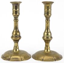 Pair of Georgian brass petal based candlesticks, 19cm high