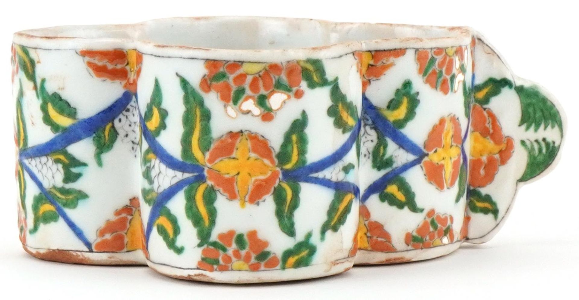 Turkish Ottoman Armenian Kutahya cup hand painted with faces and stylised flowers, 15.5cm in length - Image 2 of 5