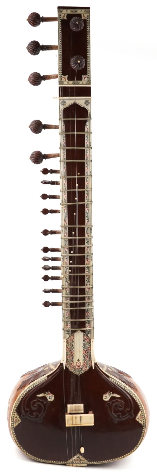 Indian hardwood, nut, ivorine and bone four string sitar, 126cm in length
