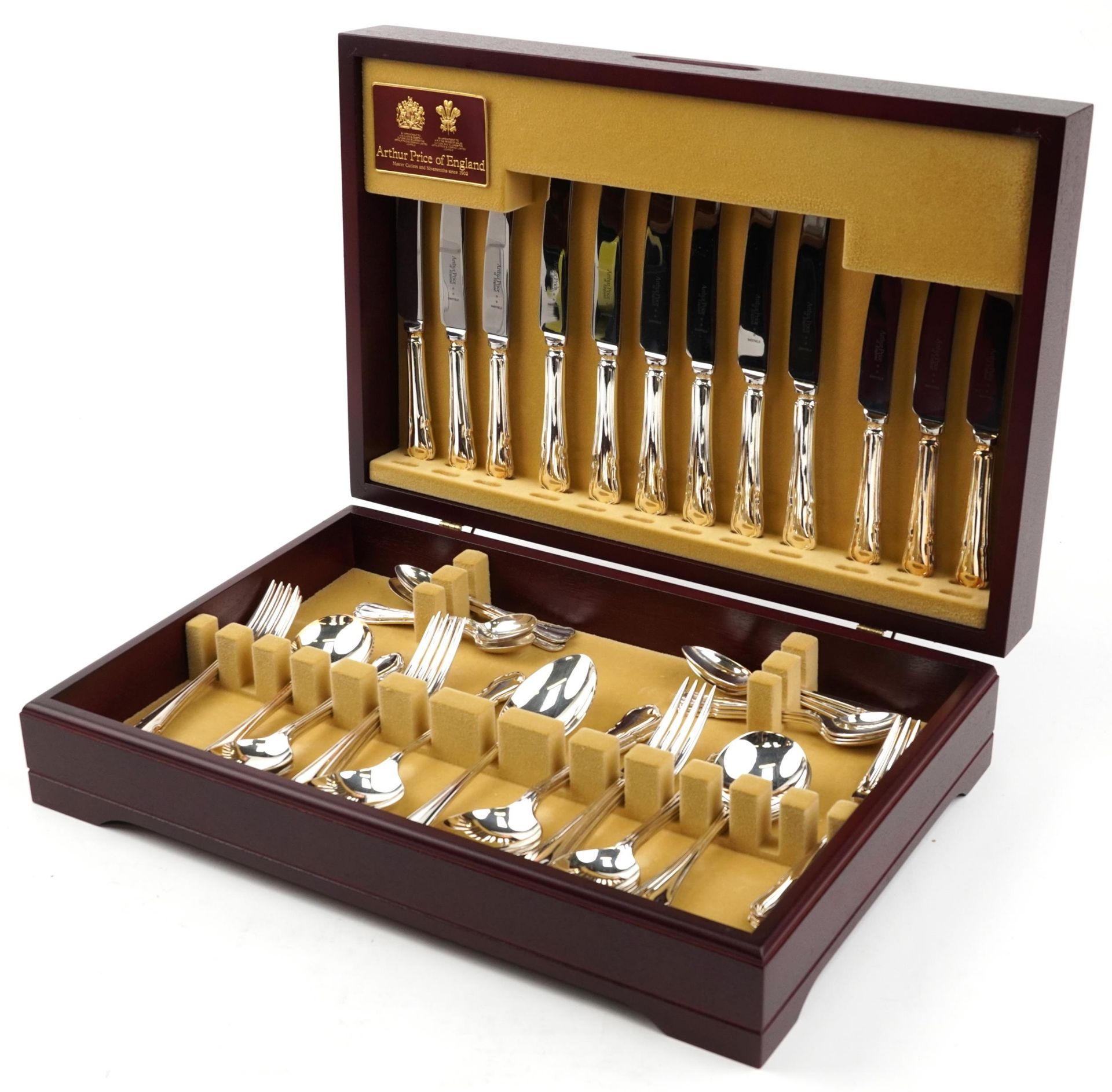 Arthur Price six plate canteen of Sheffield silver plated cutlery housed in a mahogany canteen,