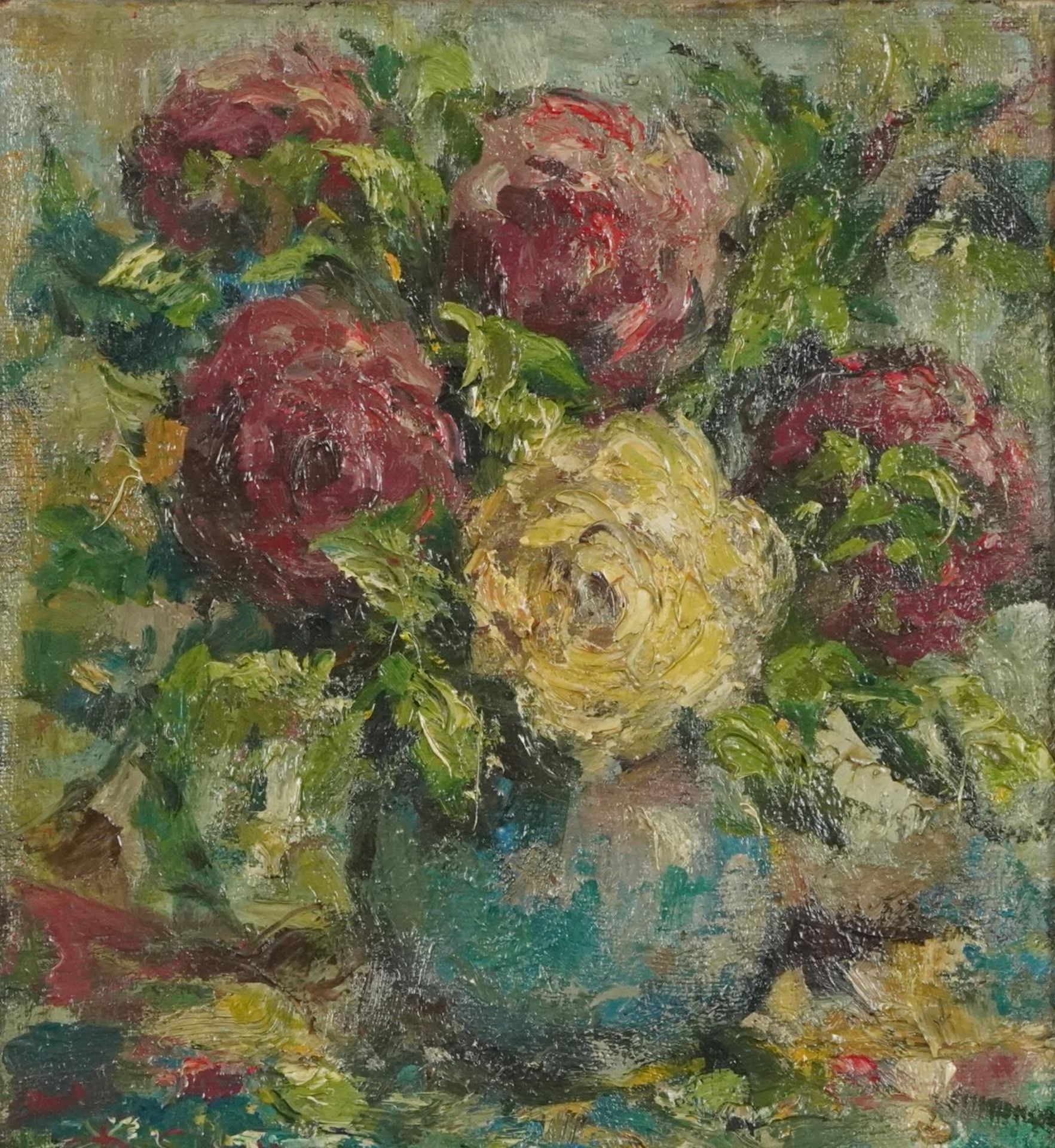 Still life flowers in a vase, oil on canvas, indistinctly signed, mounted and framed, 33.5cm x