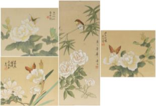 Birds and butterflies amongst flowers, four Chinese watercolours onto silk, each with calligraphy