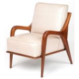 Scandinavian design hardwood lounge chair having cream upholstered back and seat, 86cm H x 62.5cm