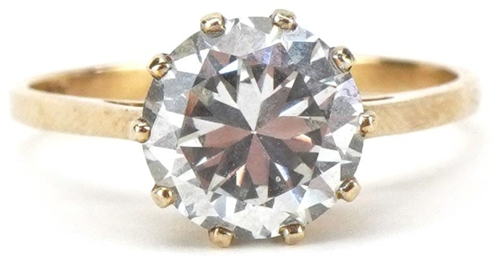 9ct gold cubic zirconia solitaire ring, the cubic zirconia approximately 8.10mm in diameter x 5.