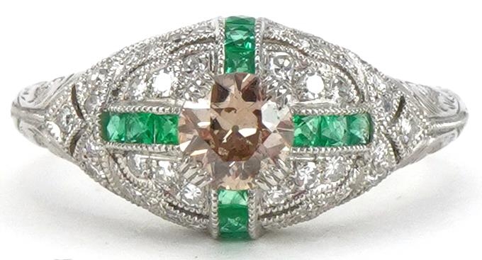 Art Deco style platinum champagne diamond, white diamond and emerald cluster ring, the central