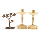 Pair of brass and alabaster candleholders with nude female design columns and a gilt brass sculpture