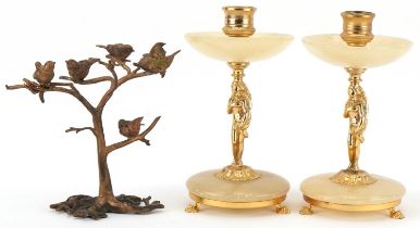 Pair of brass and alabaster candleholders with nude female design columns and a gilt brass sculpture