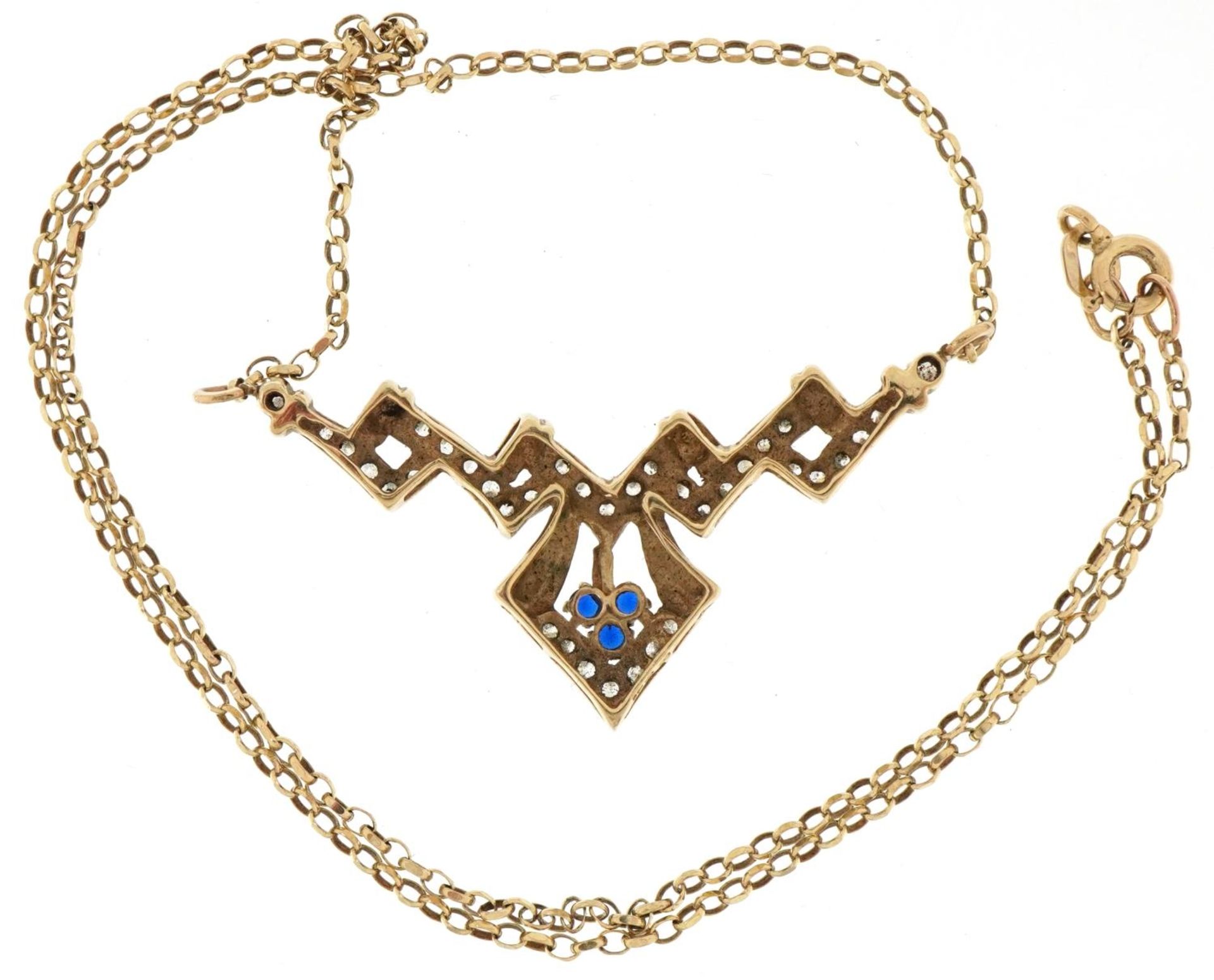 Art Deco style 9ct gold clear stone and blue spinel necklace, 40cm in length, 6.0g - Bild 3 aus 4