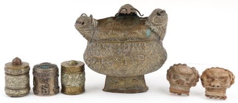 Chinese metalware and ceramics including a bronze planter with mythical heads, three cylindrical
