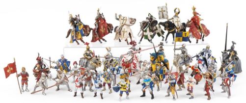 Collection of Schleich German model jousting knights on horseback, each approximately 20cm in length