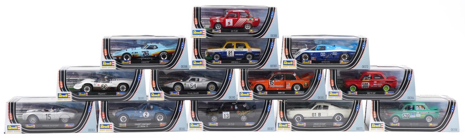 Thirteen Revell 1:32 scale model slot cars with cases including Porsche 904 GTS, 601TLRC and BMW 320