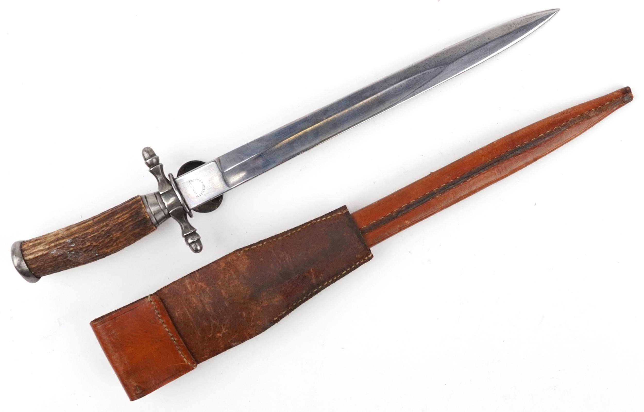 German military interest hunting knife with leather scabbard, staghorn handle and steel blade - Image 2 of 3
