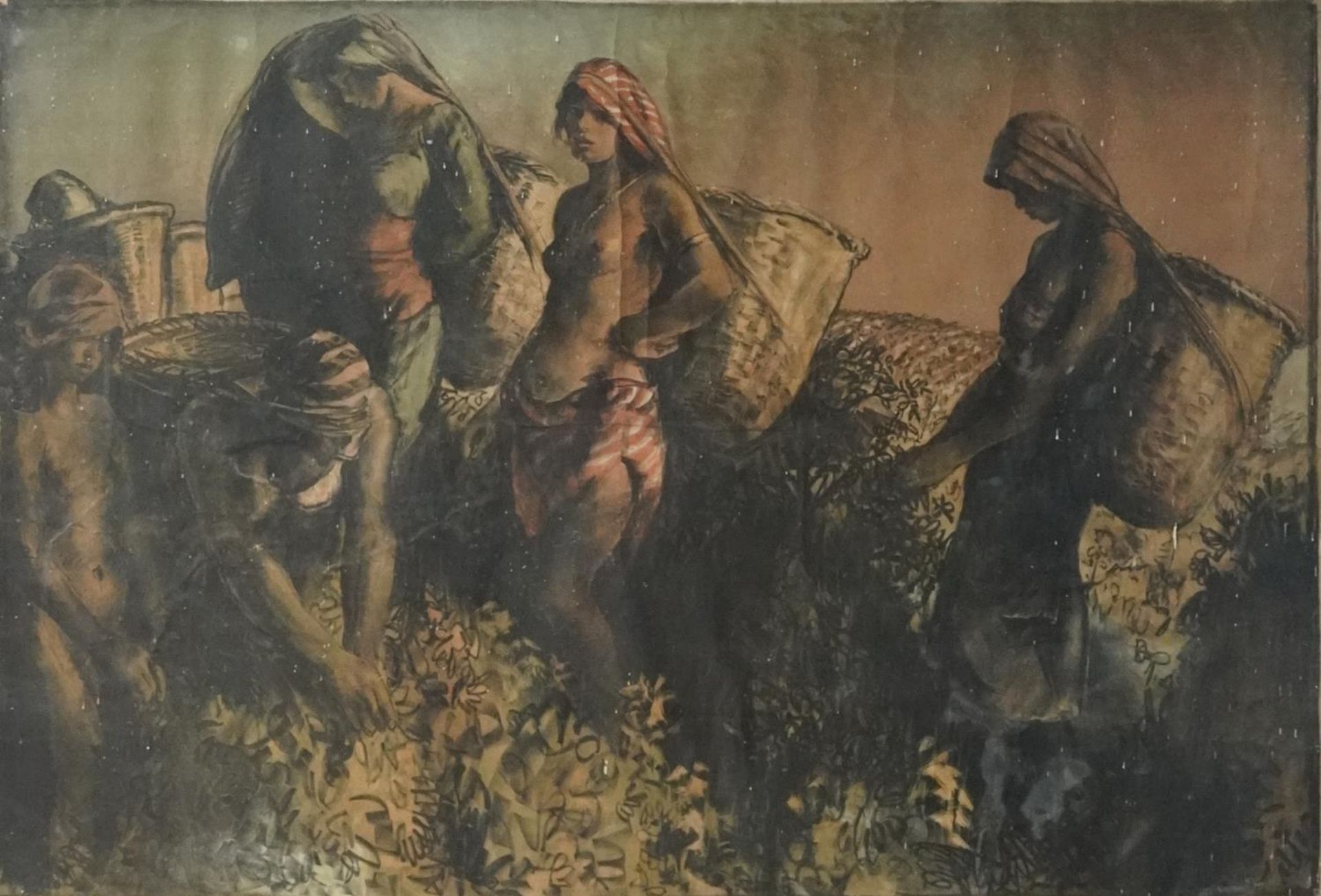 Gerald Spencer Pryse - Tea Pickers of Ceylon, lithograph in colour, framed and glazed, 126cm x