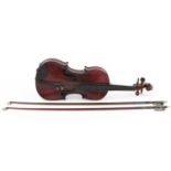 Old wooden violin with two bows housed in a hardwood case, the violin back 13 inches in length