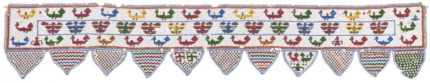 Antique African beadwork banner decorated with animals and flowers, 138cm wide