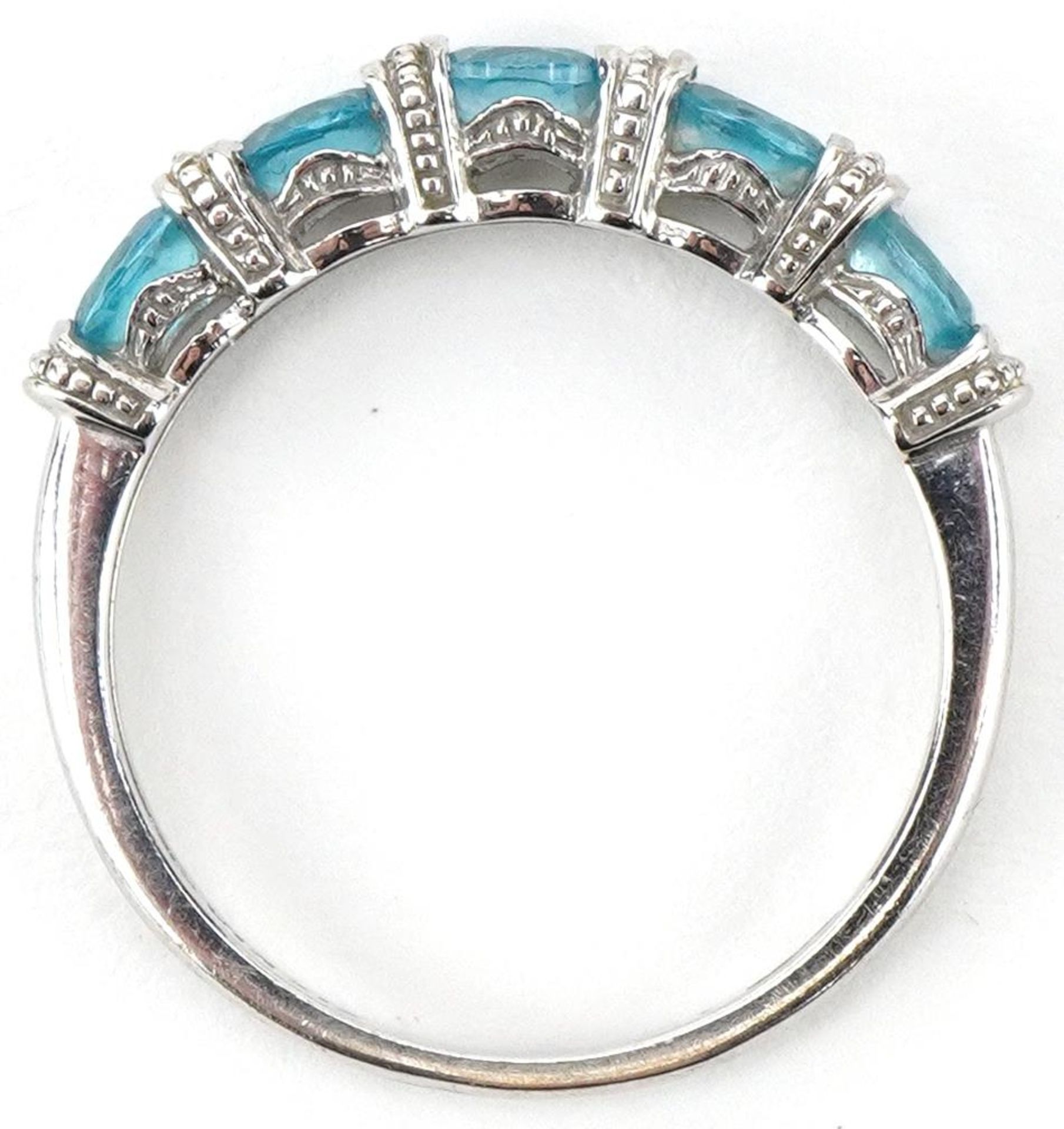 9ct white gold aquamarine and diamond half eternity ring, size O/P, 2.2g - Image 3 of 5