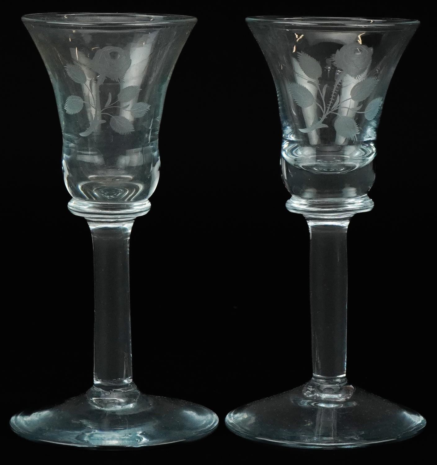 Near pair of wine glasses etched with Jacobite roses, each 15cm high