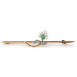 15ct gold and platinum emerald and pearl floral bar brooch housed in a Harrods London jewellery box,