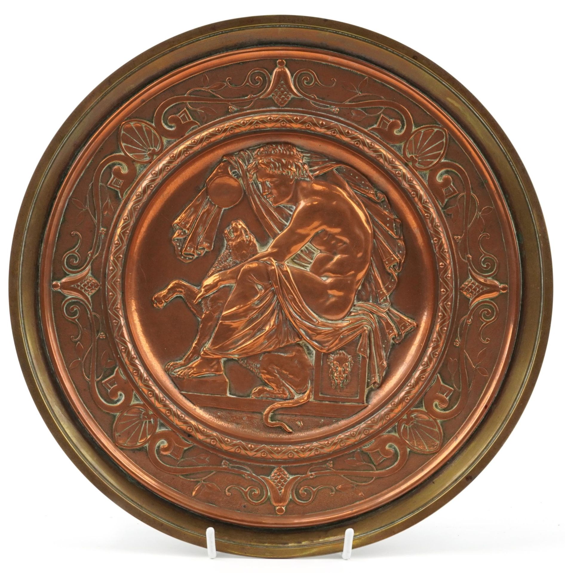 Victorian copper and brass wall charger with Greek mythical scene, stamped AB Paris to the back,