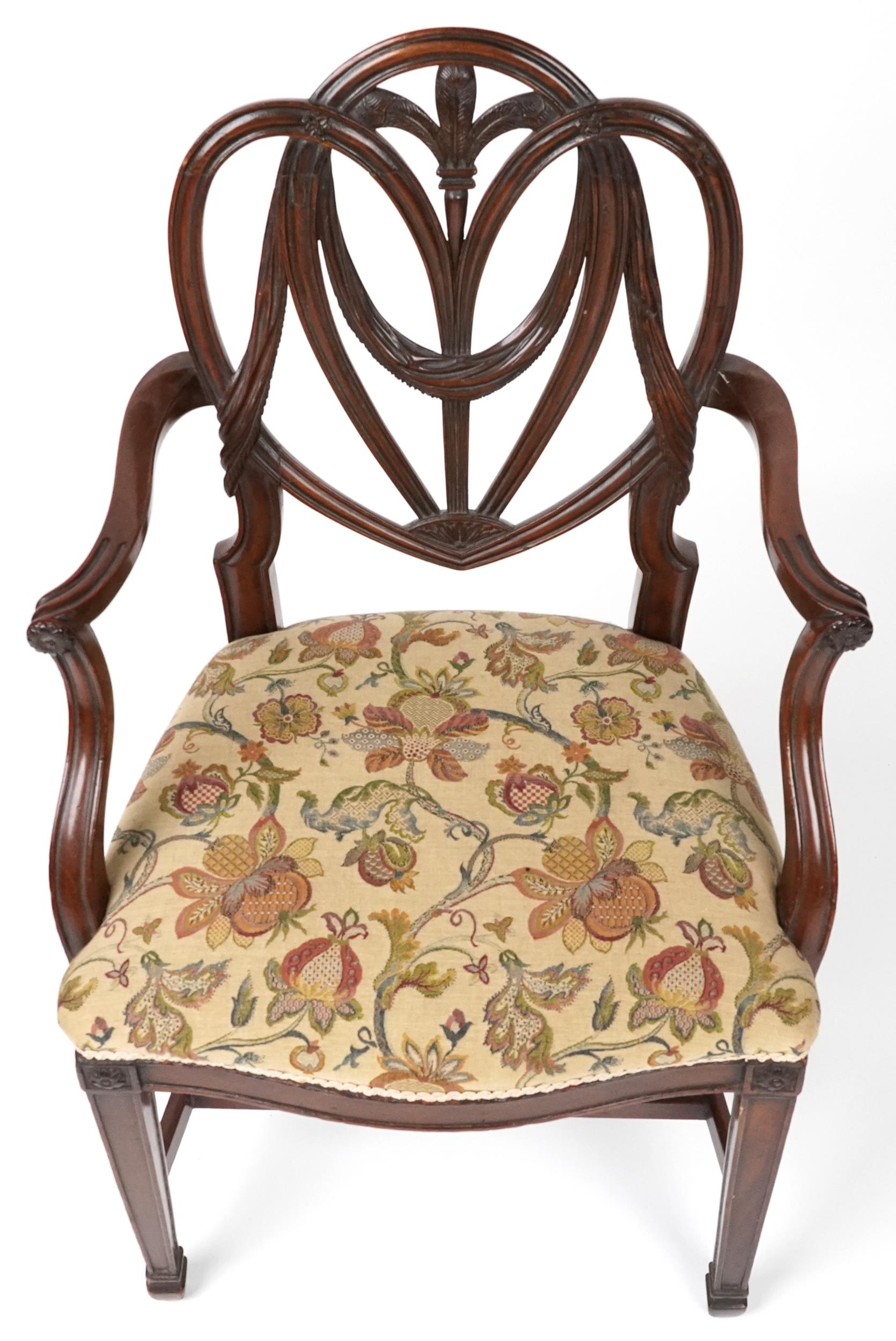 Victorian mahogany open armchair with tapestry upholstered cushioned seat on tapering legs, 98cm - Image 3 of 4