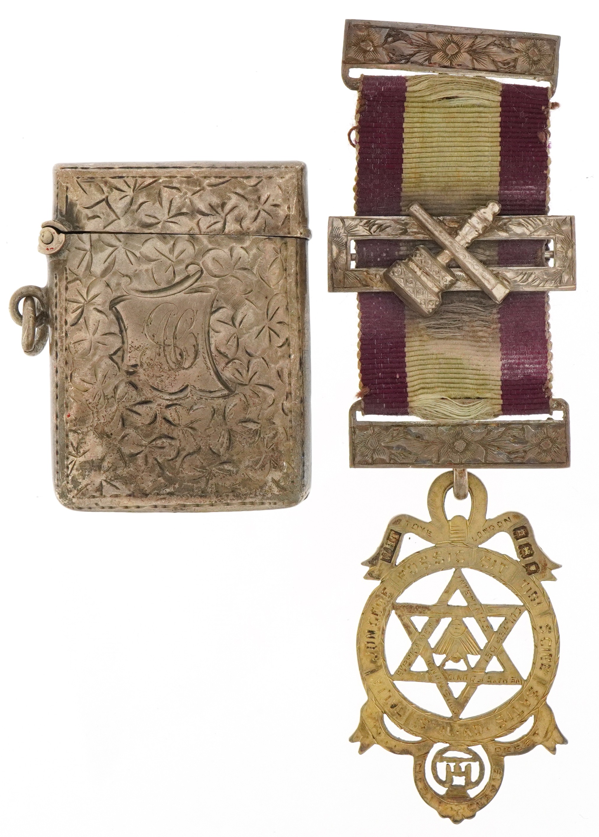 Silver objects comprising floral engraved vesta, floral engraved bracelet and a masonic jewel with - Image 2 of 7