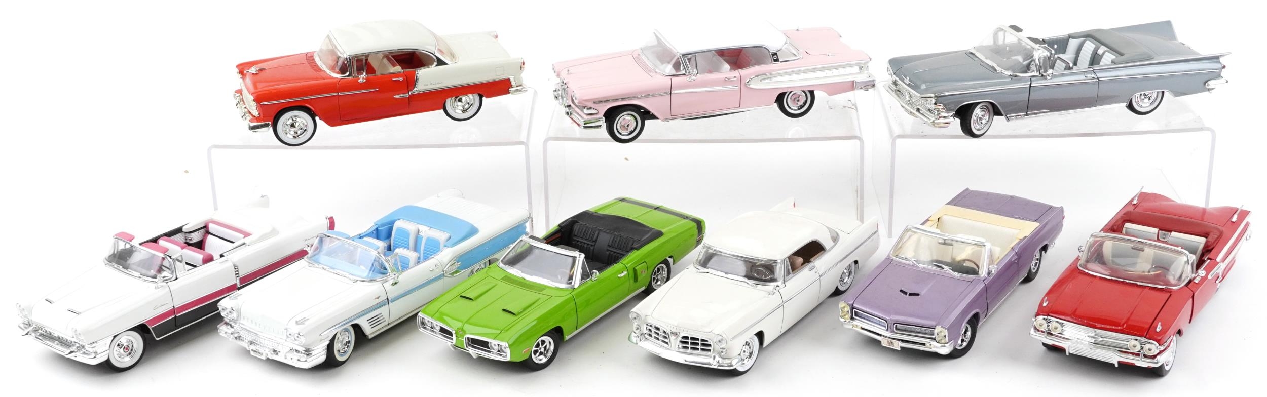 Nine 1:18 scale diecast vehicles including Ertl Chevrolet Bel Air, Road Signature 1959 Buick Electra