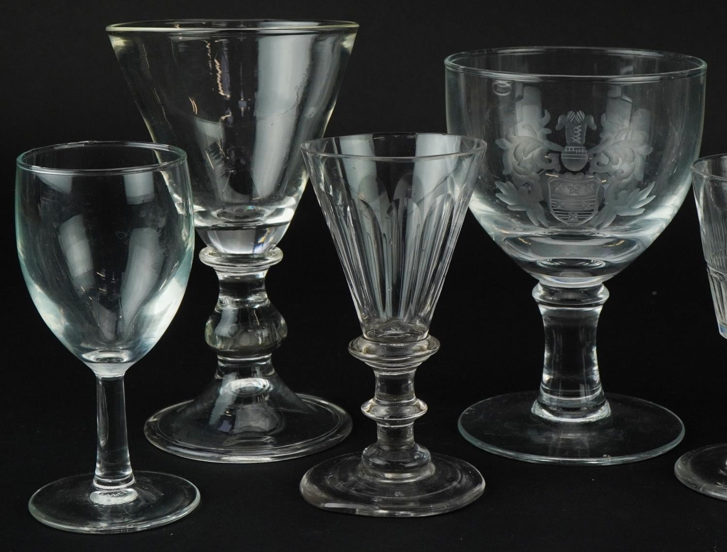 Eight antique and later wine glasses including a rummer with edged heraldic crest, the largest - Image 2 of 3
