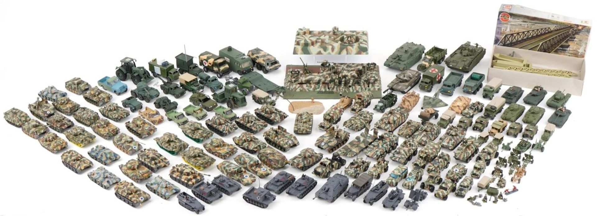 Large collection of vintage and later army vehicles, some diecast, including Dinky, Corgi and Airfix